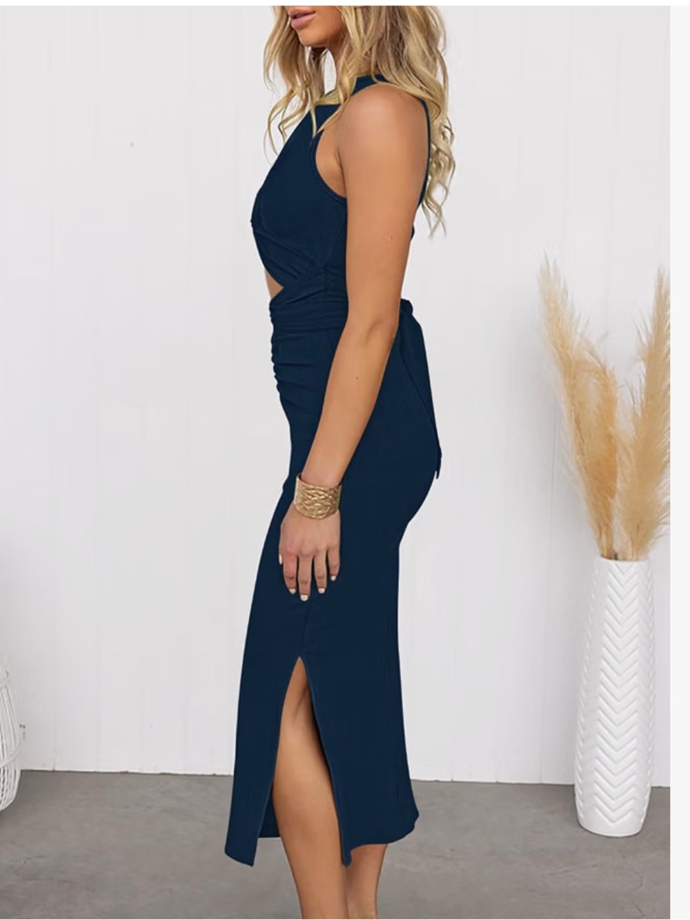 Navy sleeveless twist cut-out bodycon midi dress - Picture 2 of 5